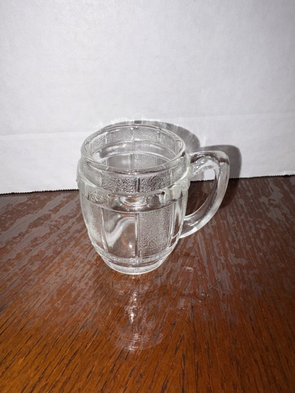 Hazel Atlas Clear Glass Whiskey Barrel Shaped Shot Glass with Handle 1960s